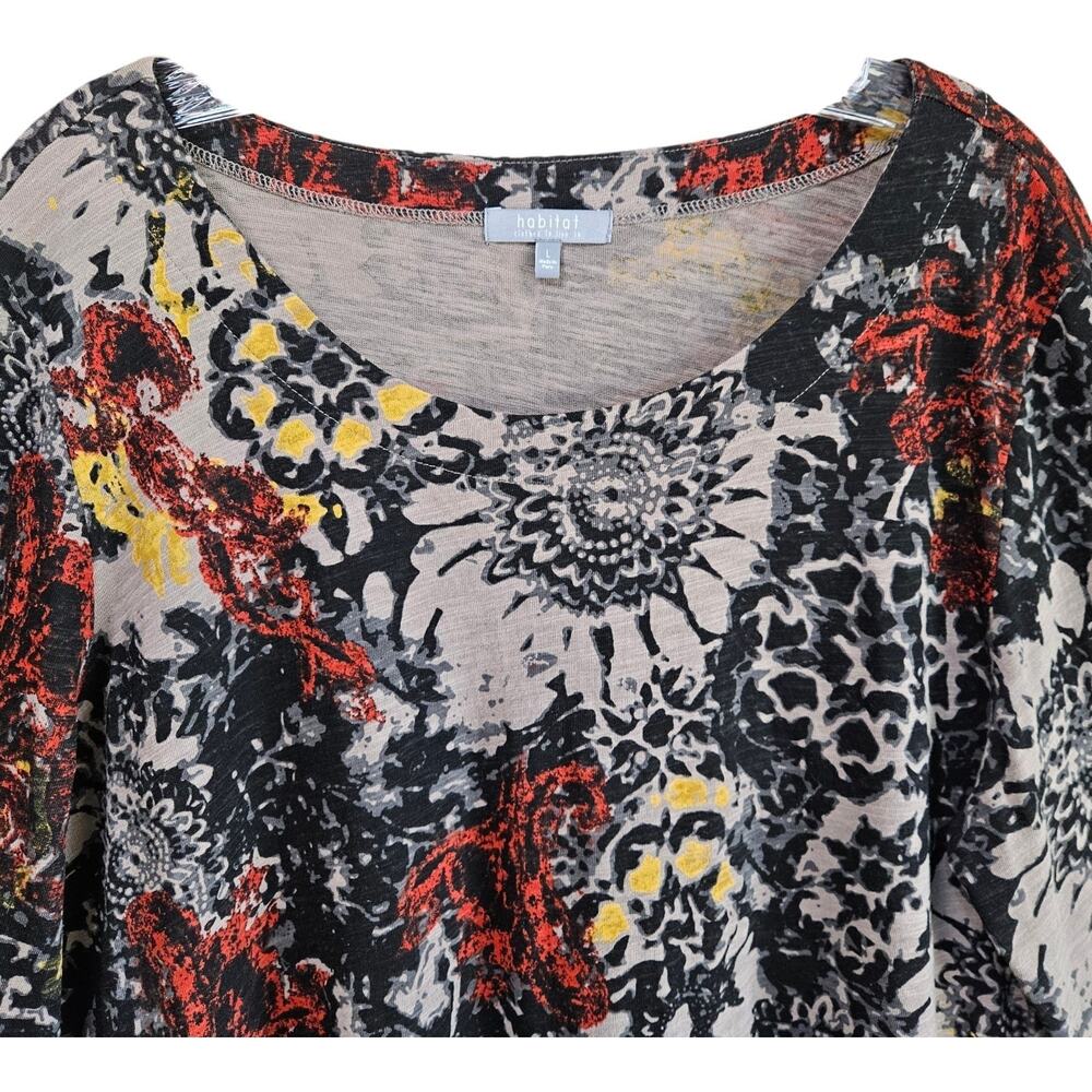HABITAT Women L Tunic Top Floral Black Red Yellow Ruched Sleeve Cotton 40" - Picture 2 of 7